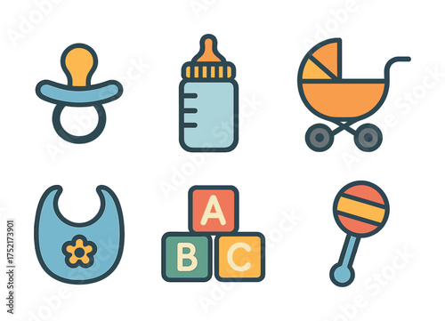 Vector Baby essentials icons: pacifier, bottle, stroller, bib, blocks, rattle
