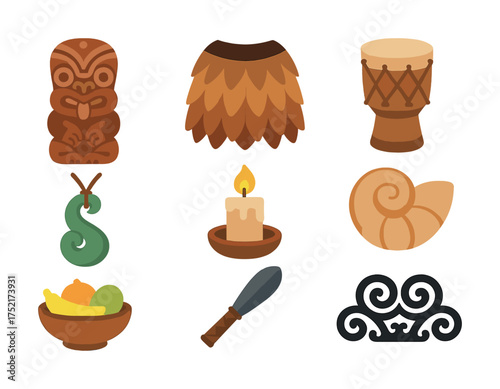 Vector Traditional polynesian symbols: tiki, drum, necklace, candle, bowl, shell, weapon, design