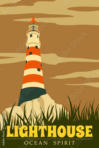Vintage Lighthouse Poster tower, beacon on seashore ocean