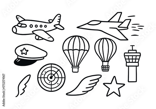 Vector Black and white aviation icons: airplanes, hot air balloons, radar, control tower