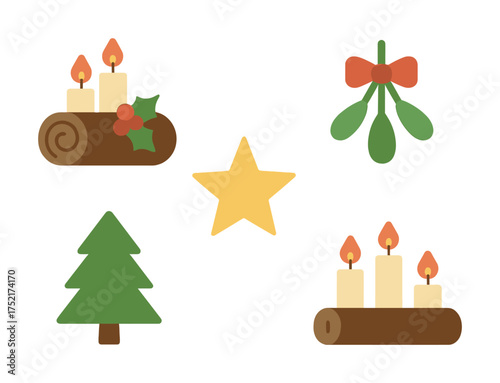 Vector Festive candles and holiday icons with star, tree, and mistletoe
