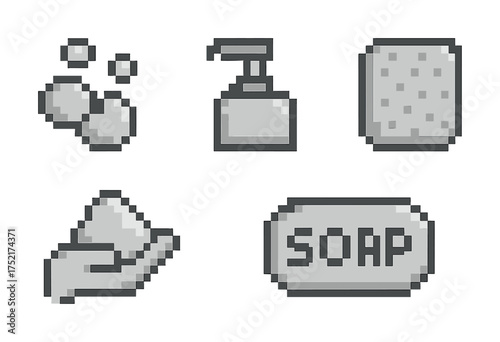 Vector Pixel art icons: hand soap, bubbles, sponge, bar soap, lather