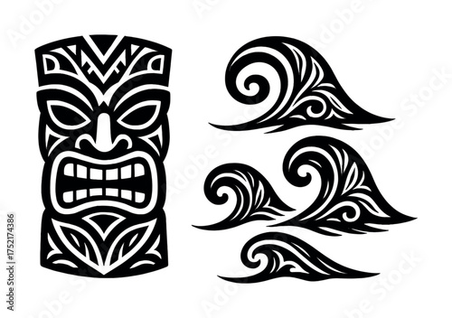Vector Polynesian tiki mask and wave patterns in black tribal design
