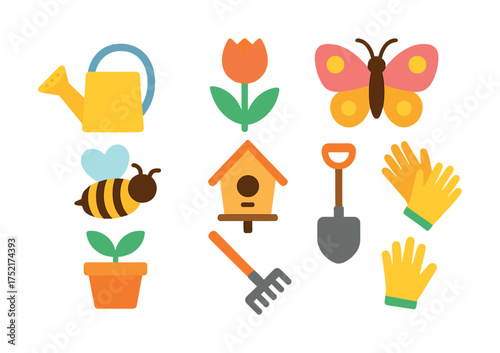 Vector Spring gardening icons with tools, flowers, and insects