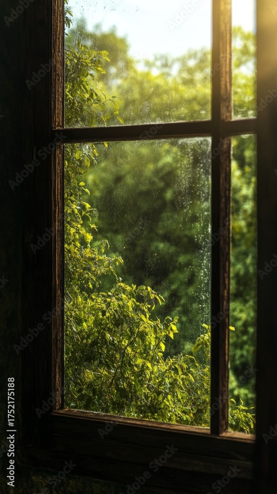 Fototapeta premium Sunlight streaming through a rustic window, illuminating vibrant green foliage, creating a serene and peaceful atmosphere for your designs.