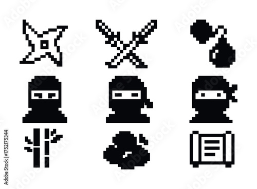 Vector Pixel art ninja icons set: shuriken, swords, bomb, masks, bamboo, scroll