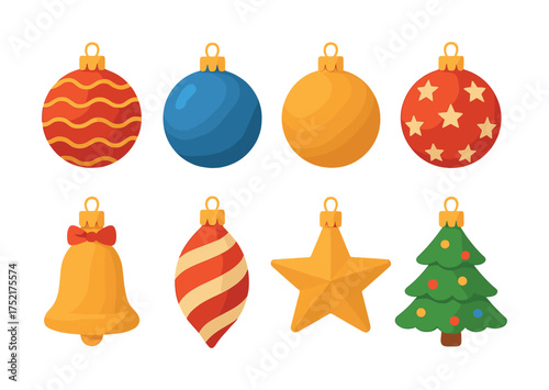 Vector Colorful christmas decorations: baubles, bell, star, candy cane, tree