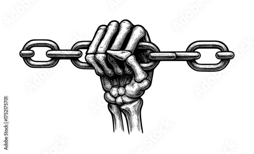 Vector Skeletal hand grasping chain in monochrome artwork