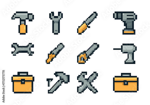 Vector Pixel art tools set with hammer, wrench, saw, drill, and toolbox in retro style