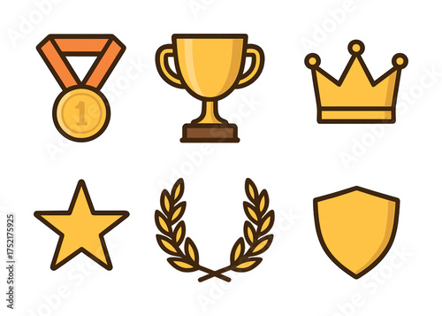 Vector Award icons set: medal, trophy, crown, star, laurel, shield