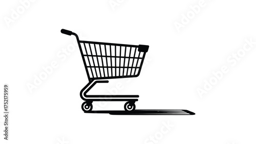 Simple black silhouette of a shopping cart casting a long shadow on a white background