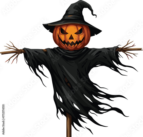Spooky Halloween Scarecrow with Jack-o'-Lantern Head and Tattered Clothes, Perfect for Autumn Harvest, Horror, and Seasonal Decor, Flat Vector Illustration