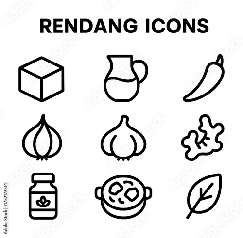 Vector Rendang ingredients icons: cube, jug, chili, onion, ginger, spice jar, curry, leaf