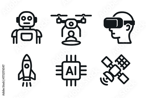 Vector Futuristic technology icons: ai, drones, vr, robotics, space, satellite