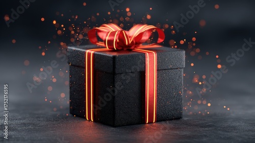 gift box tied with red ribbon on a dark textured surface, a festive present with glowing bokeh, gazing and looking at camera, perfect for holiday marketing, luxury retail, and advertising campaigns