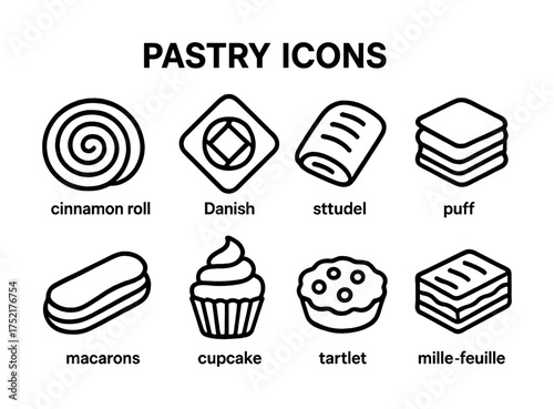 Vector Icon set of various pastries including cinnamon roll, danish, and tartlet