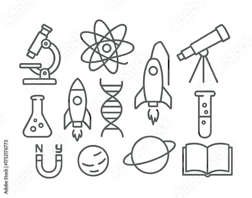 Vector Science icons: microscope, atom, telescope, rocket, dna, planet, book