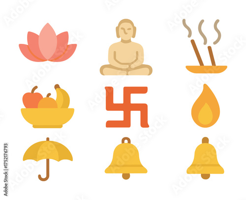 Vector Hindu symbols and offerings: lotus, buddha, swastika, incense, fruits, lamp, umbrella, bells