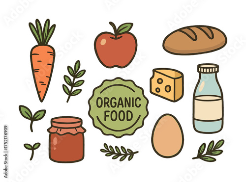 Vector Hand-drawn organic food elements including vegetables, fruits, and dairy