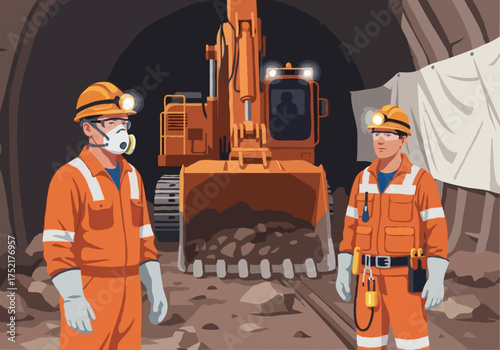 Two miners in orange uniforms and helmets stand near excavator in tunnel. Underground mining operation concept. Industrial safety gear, heavy machinery, rocky environment. Vector illustration, isolate