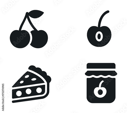 Vector Cherry icons: fresh fruit, pie slice, jar, single stem silhouette set