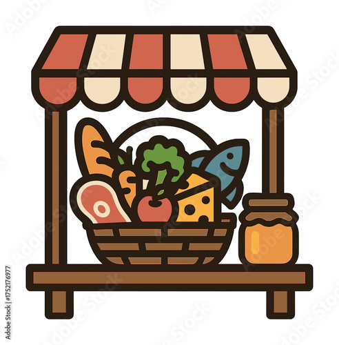 Vector Market stall with assorted groceries including bread, cheese, fish, and vegetables