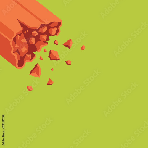 Close up of a broken energy bar with crumbs on a green background.