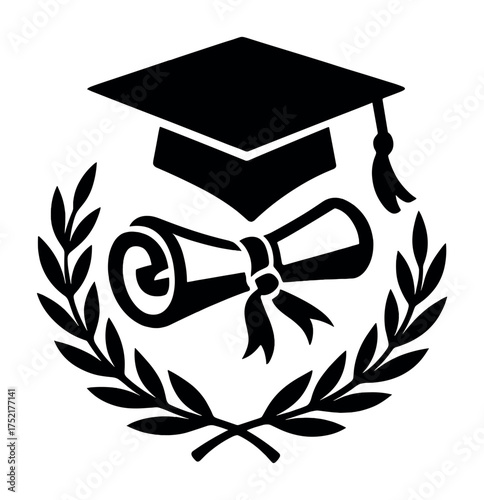 Vector Graduation cap diploma and laurel wreath emblem symbolizing academic achievement