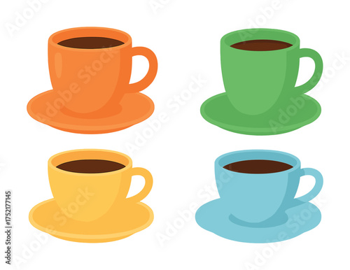 Vector Colorful coffee cups: orange, green, yellow, and blue on white background