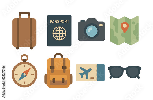 Vector Travel essentials: luggage, passport, camera, map, compass, backpack, ticket, sunglasses
