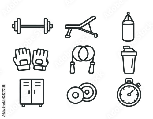 Vector Gym equipment icons: dumbbell, bench, punching bag, gloves, jump rope, shaker, locker, stopwatch