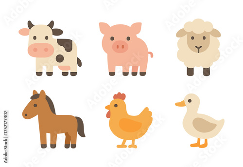 Vector Cartoon farm animals: cow, pig, sheep, horse, chicken, duck illustrations