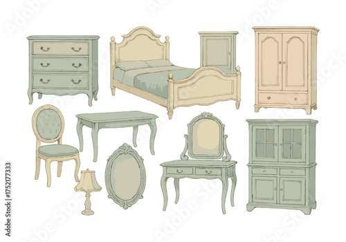 Vector Vintage bedroom furniture set: bed, dresser, mirror, chair, armoire, lamp, cabinet
