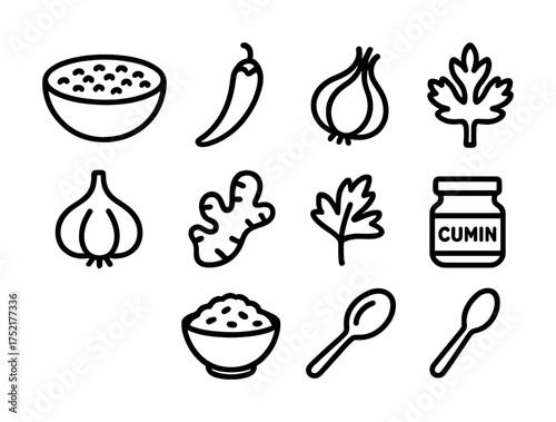 Vector Black and white spice icons featuring bowl, chili, onion, leaf, garlic, ginger, cumin jar, spoon
