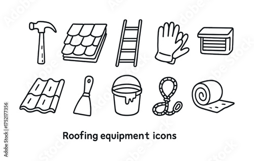 Vector Roofing equipment icons: hammer, shingles, ladder, gloves, vent, roller