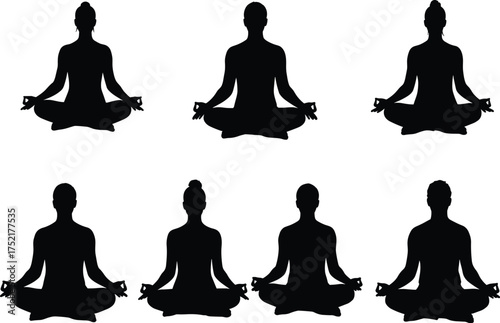 Meditation silhouette, yoga pose, mindfulness practice, cross-legged figures, black icons, inner peace, relaxation, spiritual, wellness, mental focus, calm, posture, 