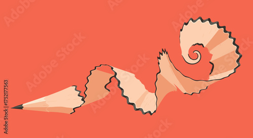 Sharpened Pencil with Long Curly Wood Shaving on a Solid Background.