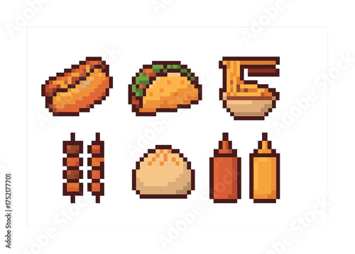 Vector Pixel art food icons: hot dog, taco, ramen, skewers, dumpling, condiments