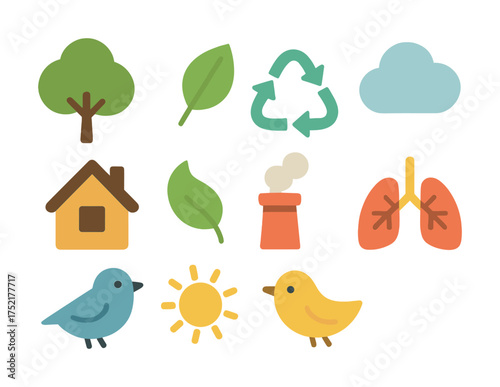 Vector Eco elements collection: trees, leaves, recycling, clouds, houses, factories, lungs, birds, sun