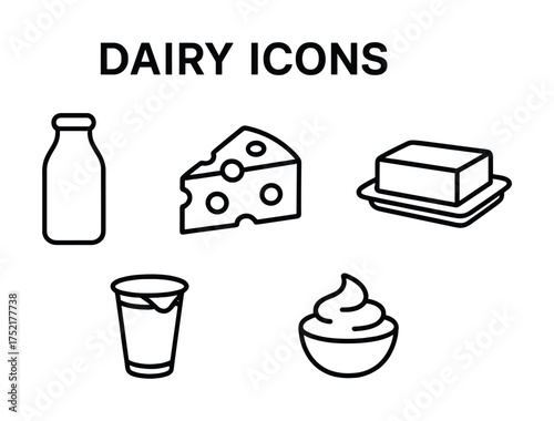 Vector Dairy icons: milk bottle, cheese, butter, yogurt, glass of milk