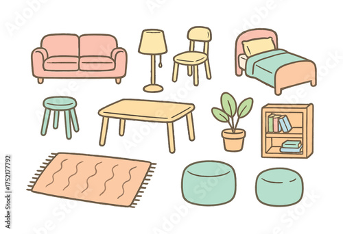 Vector Colorful furniture set: sofa, bed, chair, table, lamp, rug, plant, bookshelf