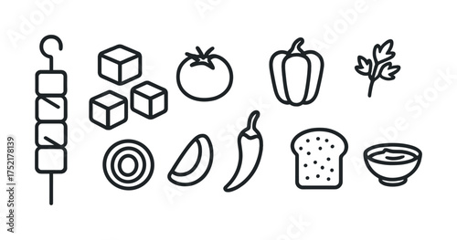 Vector Grilled skewer and vegetables: tomato, onion, pepper, bread, soup, herb icons
