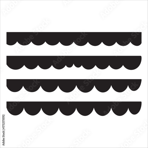 This image features four horizontal black bands, each with a unique scalloped edge. The bands vary in width and the size of their scallops, creating a layered decorative effect. The simple, graphic 