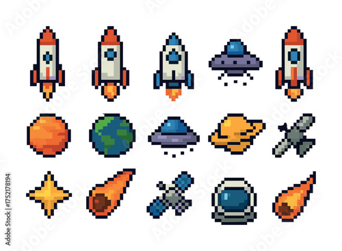 Vector Pixel art space icons: rockets, ufos, planets, satellites, meteors, and astronaut