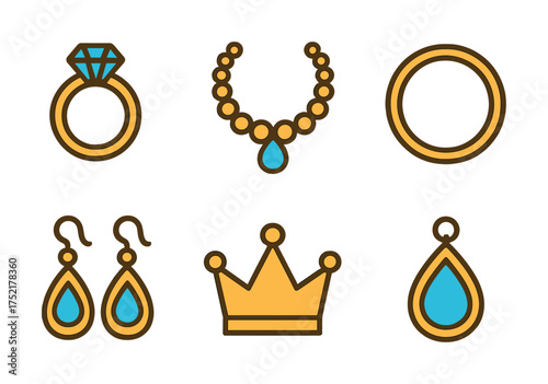 Vector Set of jewelry icons including ring, necklace, earrings, crown, and pendant