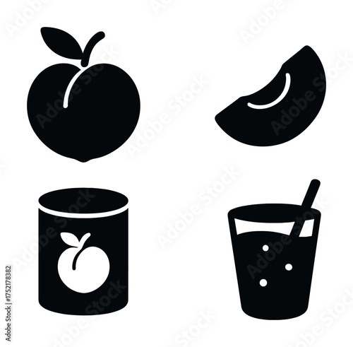 Vector Peach icons: whole fruit, slice, canned, and juice glass in simple black silhouette style