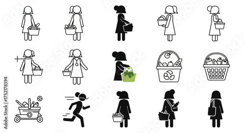 A collection of stick figure illustrations depicting women shopping, carrying baskets, running, and using shopping carts.