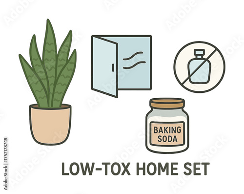 Vector Low-tox home essentials: houseplant, ventilation, baking soda, chemical-free living