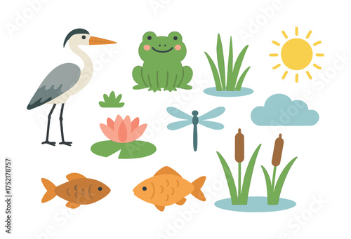 Vector Playful pond life with heron, frog, fish, and dragonfly