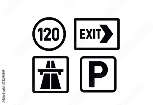 Vector Traffic signs: speed limit, exit arrow, highway, parking symbols